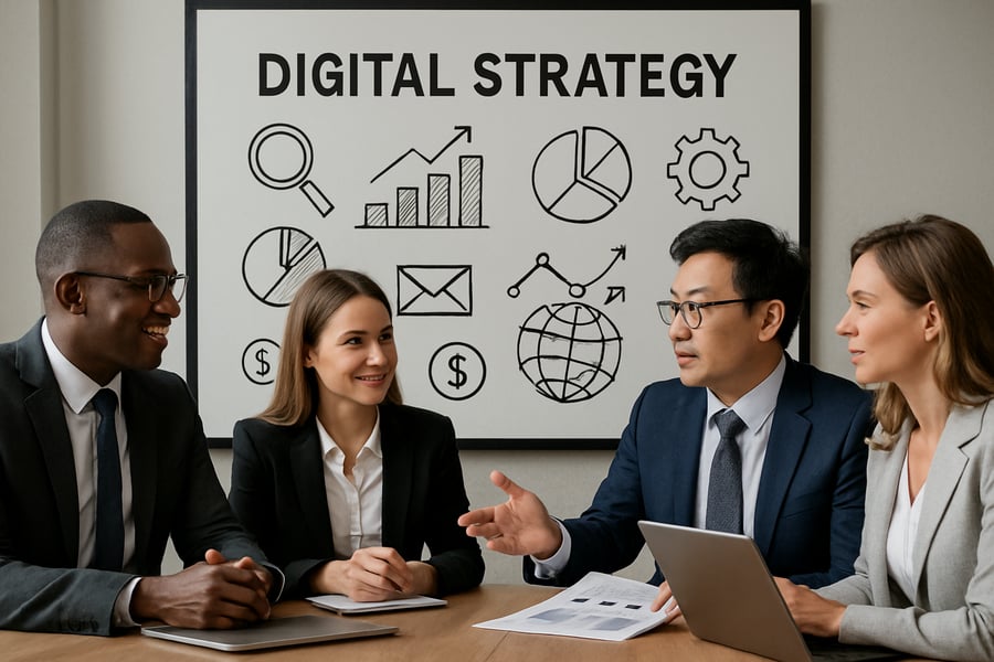 Business professionals discussing digital strategies Business professionals discussing digital strategies